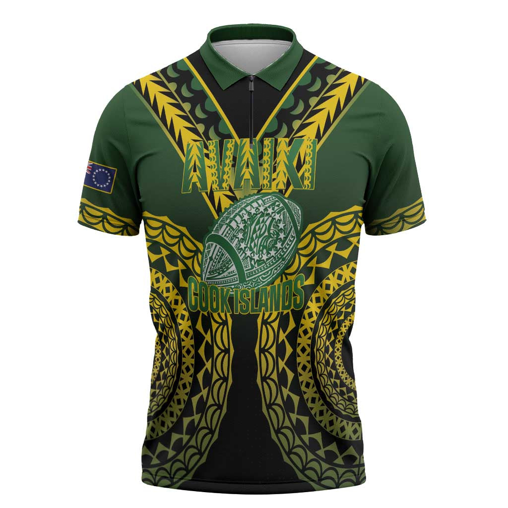 Custom Avaiki Cook Islands Rugby Zipper Polo Shirt Kuki Airani Tatau Black - Aussie Hoodie