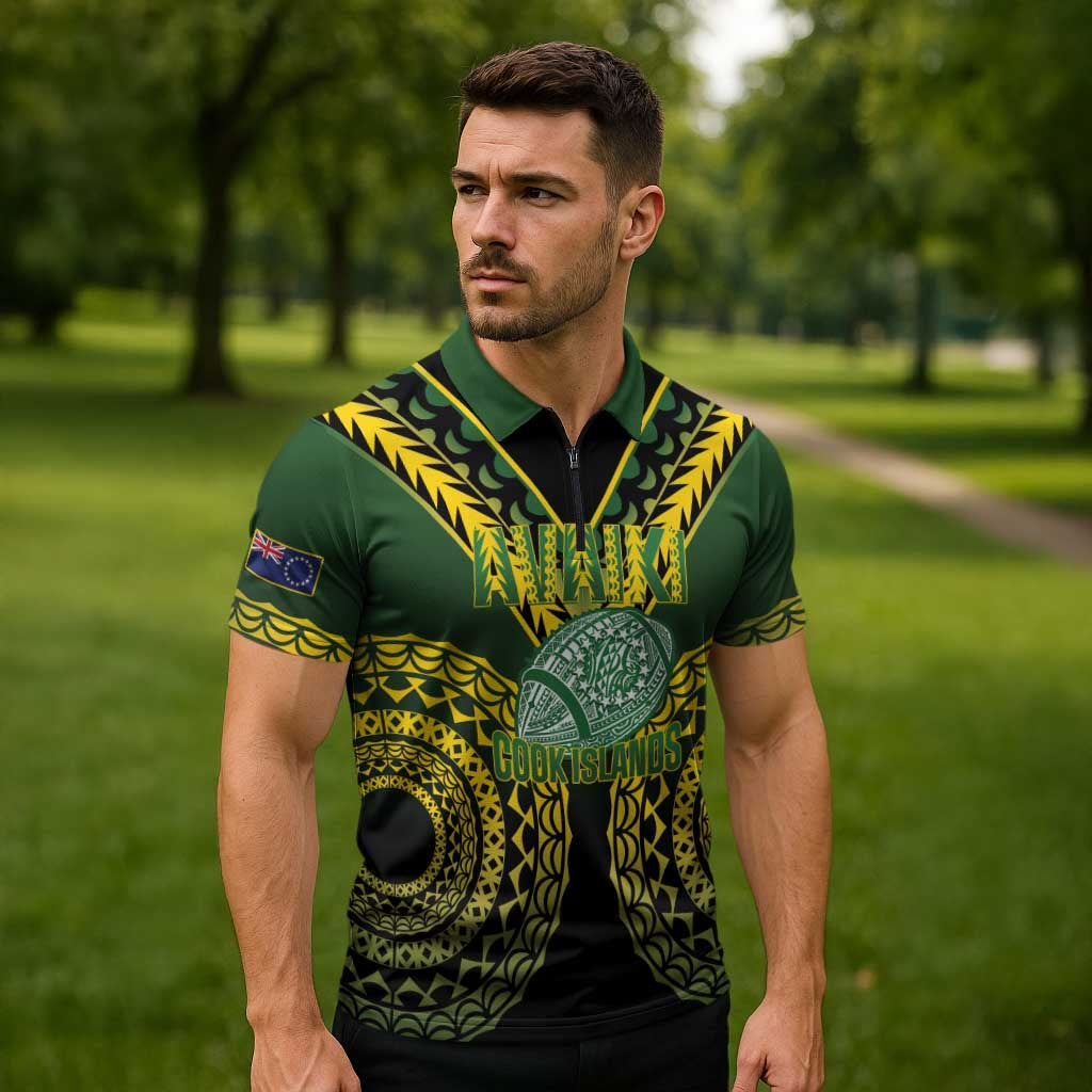 Custom Avaiki Cook Islands Rugby Zipper Polo Shirt Kuki Airani Tatau Black - Aussie Hoodie