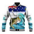 Personalised Australia Fishing Baseball Jacket Barramundi With Ocean Waves Flag Grunge Style