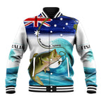 Personalised Australia Fishing Baseball Jacket Barramundi With Ocean Waves Flag Grunge Style