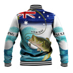 Personalised Australia Fishing Baseball Jacket Barramundi With Ocean Waves Flag Grunge Style