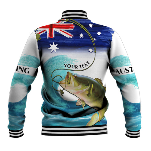 Personalised Australia Fishing Baseball Jacket Barramundi With Ocean Waves Flag Grunge Style
