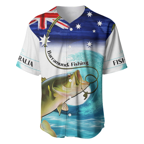 Personalised Australia Fishing Baseball Jersey Barramundi With Ocean Waves Flag Grunge Style