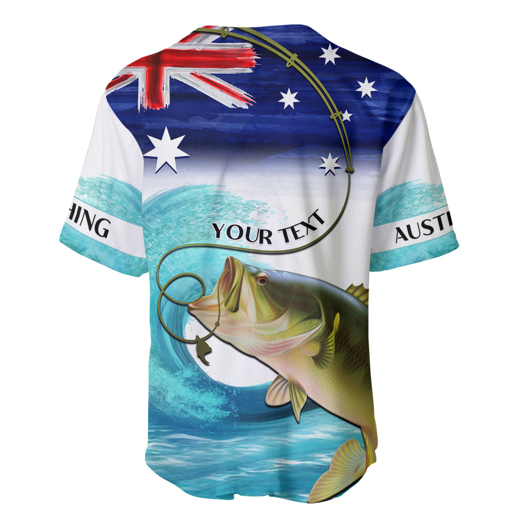 Personalised Australia Fishing Baseball Jersey Barramundi With Ocean Waves Flag Grunge Style