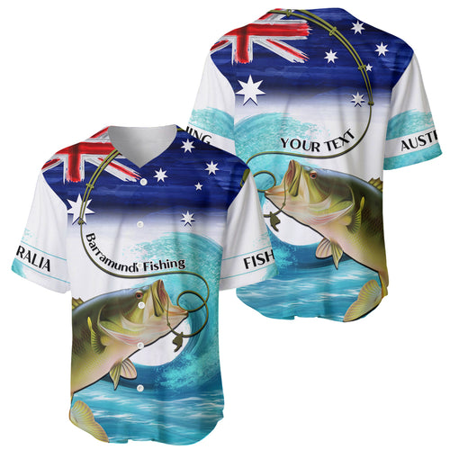 Personalised Australia Fishing Baseball Jersey Barramundi With Ocean Waves Flag Grunge Style