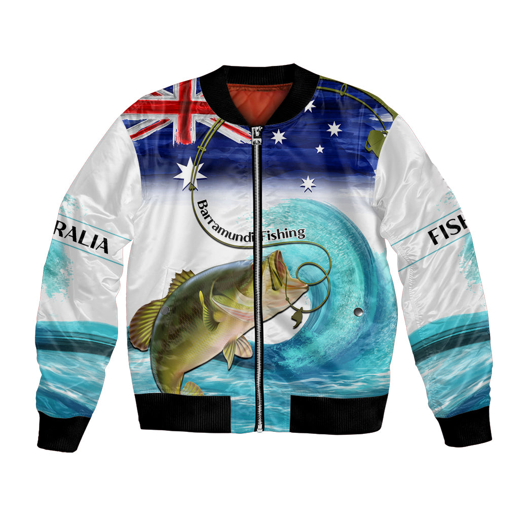 Personalised Australia Fishing Bomber Jacket Barramundi With Ocean Waves Flag Grunge Style