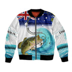 Personalised Australia Fishing Bomber Jacket Barramundi With Ocean Waves Flag Grunge Style