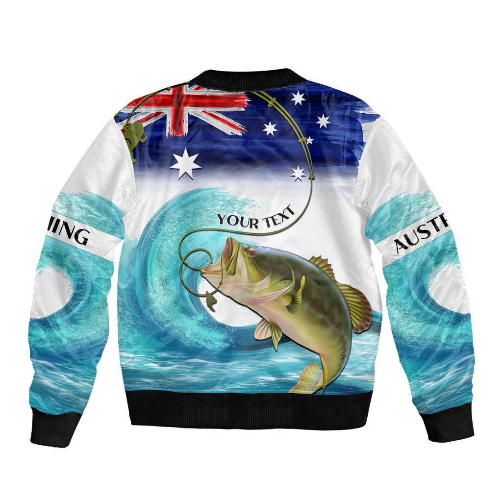 Personalised Australia Fishing Bomber Jacket Barramundi With Ocean Waves Flag Grunge Style