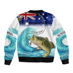 Personalised Australia Fishing Bomber Jacket Barramundi With Ocean Waves Flag Grunge Style