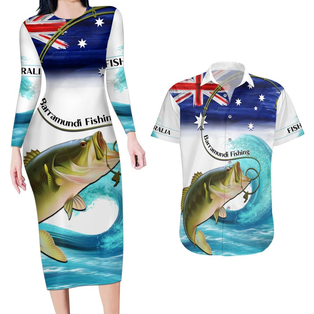 Personalised Australia Fishing Couples Matching Long Sleeve Bodycon Dress and Hawaiian Shirt Barramundi With Ocean Waves Flag Grunge Style