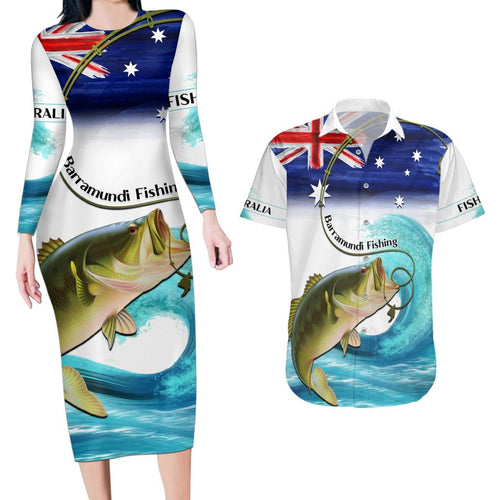 Personalised Australia Fishing Couples Matching Long Sleeve Bodycon Dress and Hawaiian Shirt Barramundi With Ocean Waves Flag Grunge Style