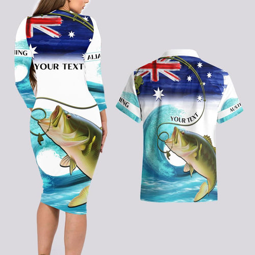 Personalised Australia Fishing Couples Matching Long Sleeve Bodycon Dress and Hawaiian Shirt Barramundi With Ocean Waves Flag Grunge Style