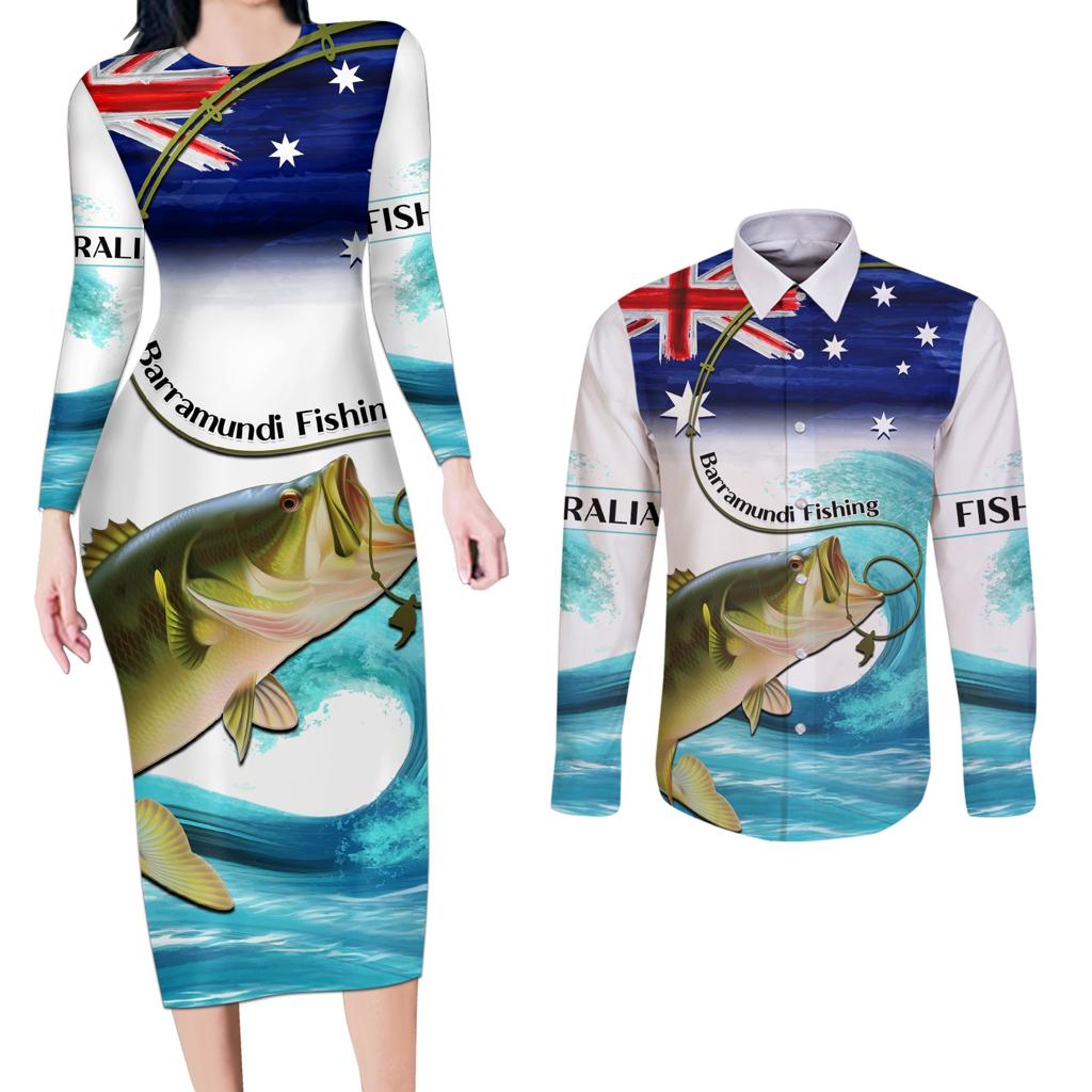 Personalised Australia Fishing Couples Matching Long Sleeve Bodycon Dress and Long Sleeve Button Shirt Barramundi With Ocean Waves Flag Grunge Style