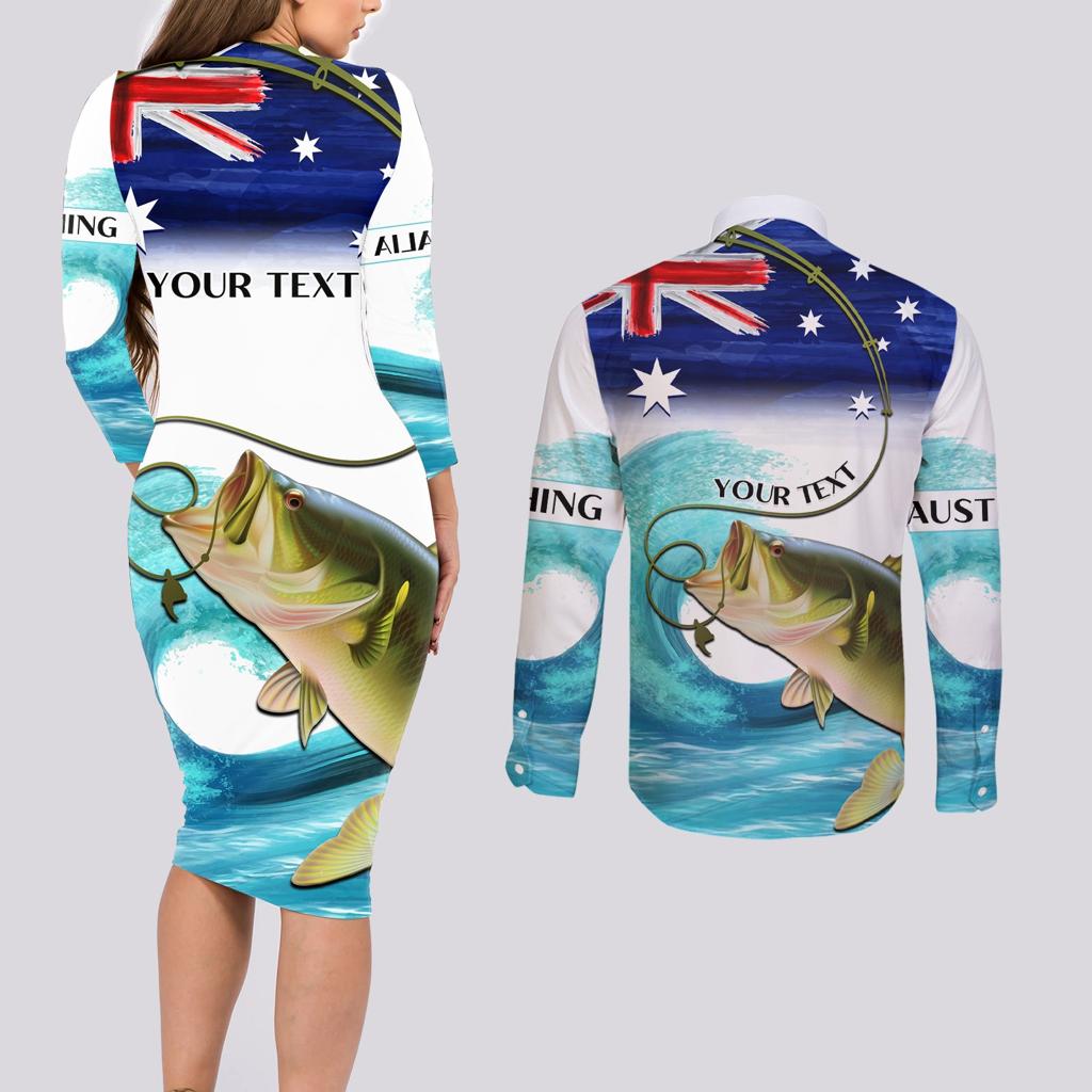 Personalised Australia Fishing Couples Matching Long Sleeve Bodycon Dress and Long Sleeve Button Shirt Barramundi With Ocean Waves Flag Grunge Style