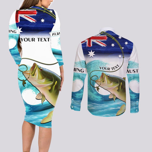 Personalised Australia Fishing Couples Matching Long Sleeve Bodycon Dress and Long Sleeve Button Shirt Barramundi With Ocean Waves Flag Grunge Style