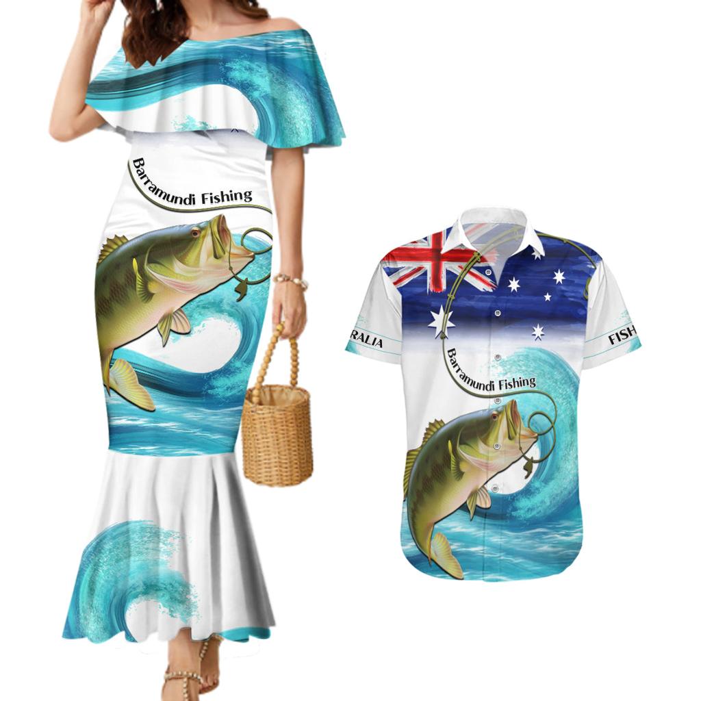 Personalised Australia Fishing Couples Matching Mermaid Dress and Hawaiian Shirt Barramundi With Ocean Waves Flag Grunge Style