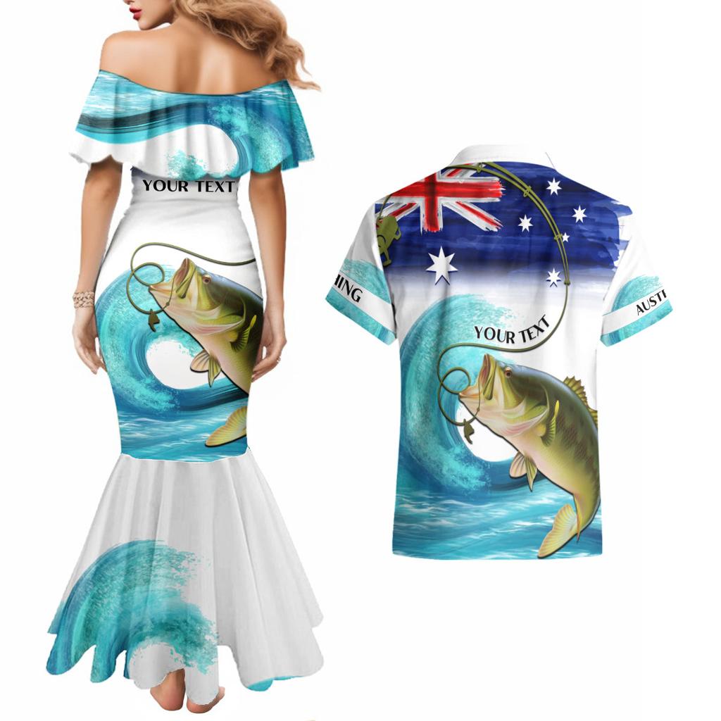 Personalised Australia Fishing Couples Matching Mermaid Dress and Hawaiian Shirt Barramundi With Ocean Waves Flag Grunge Style