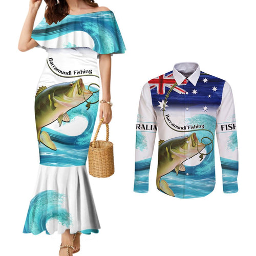 Personalised Australia Fishing Couples Matching Mermaid Dress and Long Sleeve Button Shirt Barramundi With Ocean Waves Flag Grunge Style