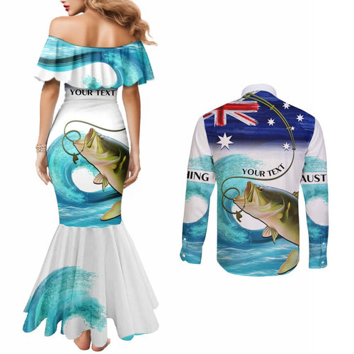 Personalised Australia Fishing Couples Matching Mermaid Dress and Long Sleeve Button Shirt Barramundi With Ocean Waves Flag Grunge Style