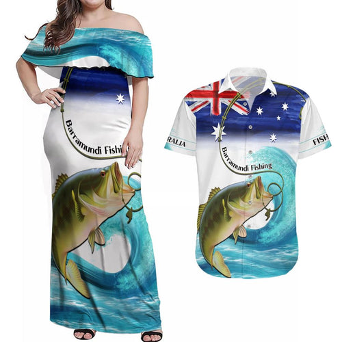 Personalised Australia Fishing Couples Matching Off Shoulder Maxi Dress and Hawaiian Shirt Barramundi With Ocean Waves Flag Grunge Style