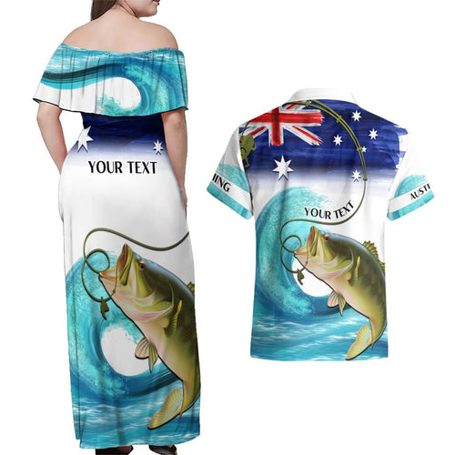 Personalised Australia Fishing Couples Matching Off Shoulder Maxi Dress and Hawaiian Shirt Barramundi With Ocean Waves Flag Grunge Style