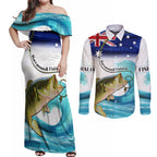 Personalised Australia Fishing Couples Matching Off Shoulder Maxi Dress and Long Sleeve Button Shirt Barramundi With Ocean Waves Flag Grunge Style