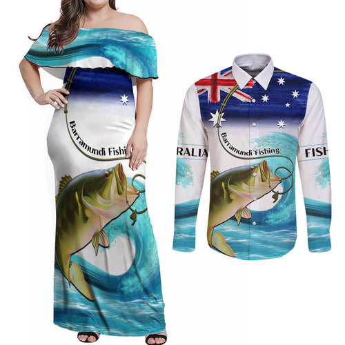 Personalised Australia Fishing Couples Matching Off Shoulder Maxi Dress and Long Sleeve Button Shirt Barramundi With Ocean Waves Flag Grunge Style