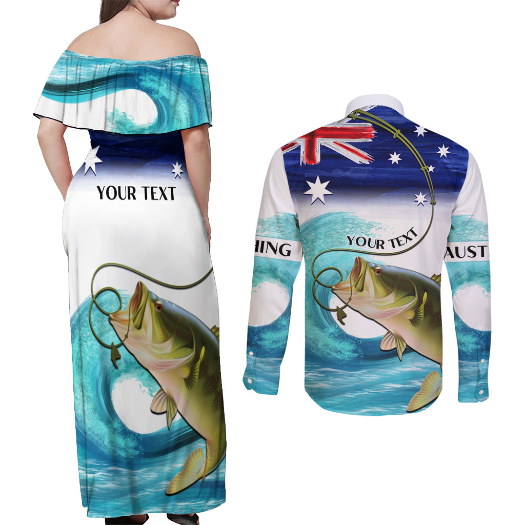 Personalised Australia Fishing Couples Matching Off Shoulder Maxi Dress and Long Sleeve Button Shirt Barramundi With Ocean Waves Flag Grunge Style
