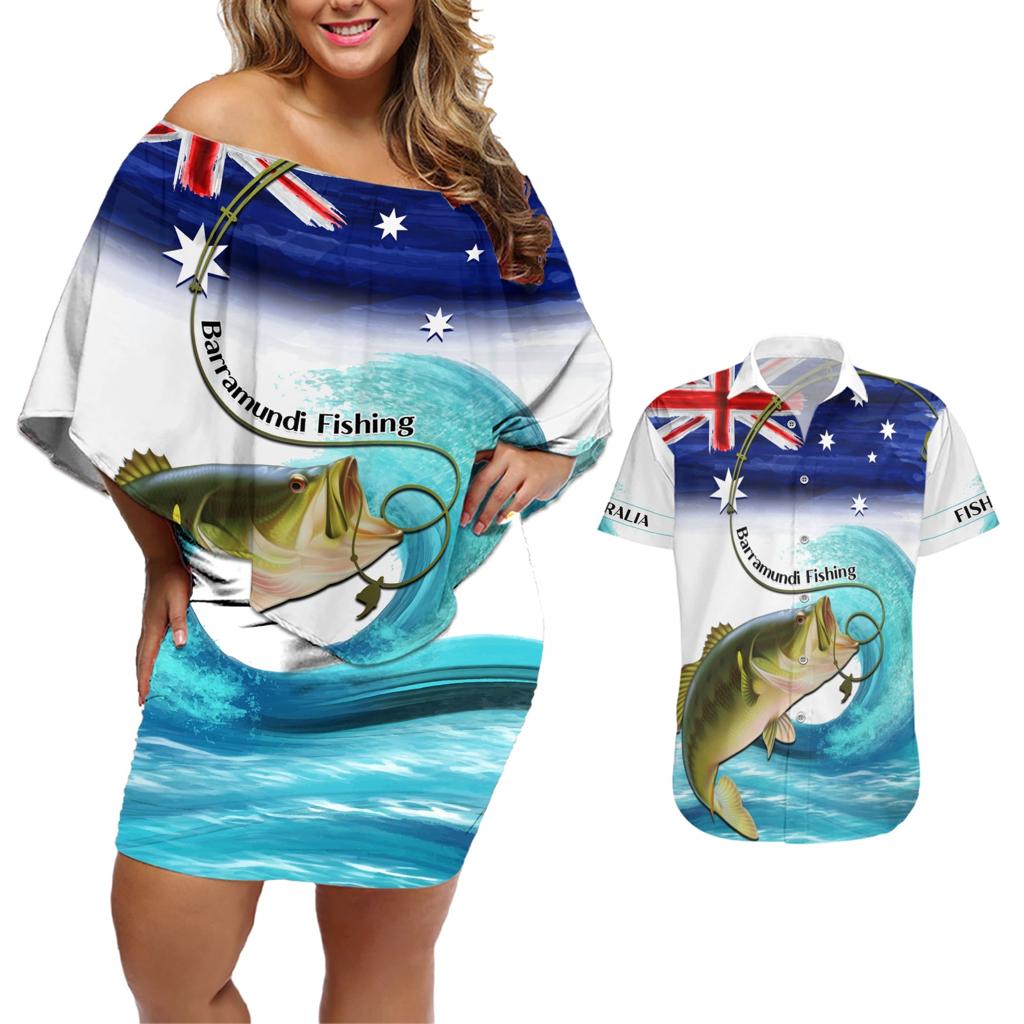 Personalised Australia Fishing Couples Matching Off Shoulder Short Dress and Hawaiian Shirt Barramundi With Ocean Waves Flag Grunge Style