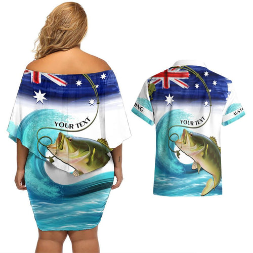 Personalised Australia Fishing Couples Matching Off Shoulder Short Dress and Hawaiian Shirt Barramundi With Ocean Waves Flag Grunge Style