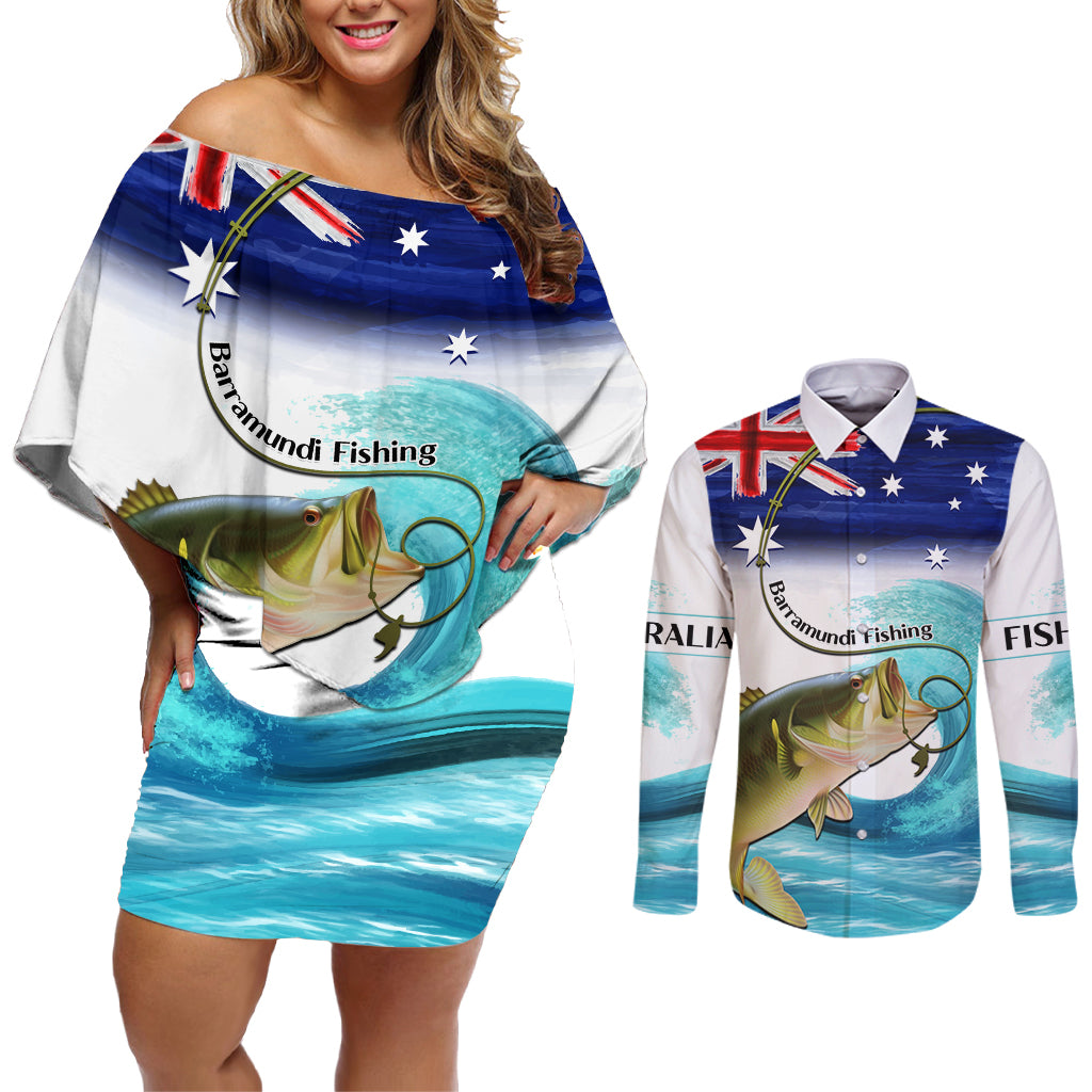 Personalised Australia Fishing Couples Matching Off Shoulder Short Dress and Long Sleeve Button Shirt Barramundi With Ocean Waves Flag Grunge Style