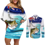 Personalised Australia Fishing Couples Matching Off Shoulder Short Dress and Long Sleeve Button Shirt Barramundi With Ocean Waves Flag Grunge Style