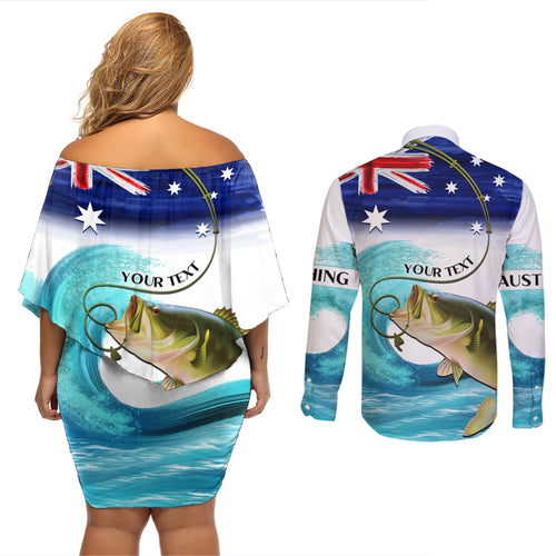Personalised Australia Fishing Couples Matching Off Shoulder Short Dress and Long Sleeve Button Shirt Barramundi With Ocean Waves Flag Grunge Style