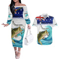 Personalised Australia Fishing Couples Matching Off The Shoulder Long Sleeve Dress and Hawaiian Shirt Barramundi With Ocean Waves Flag Grunge Style