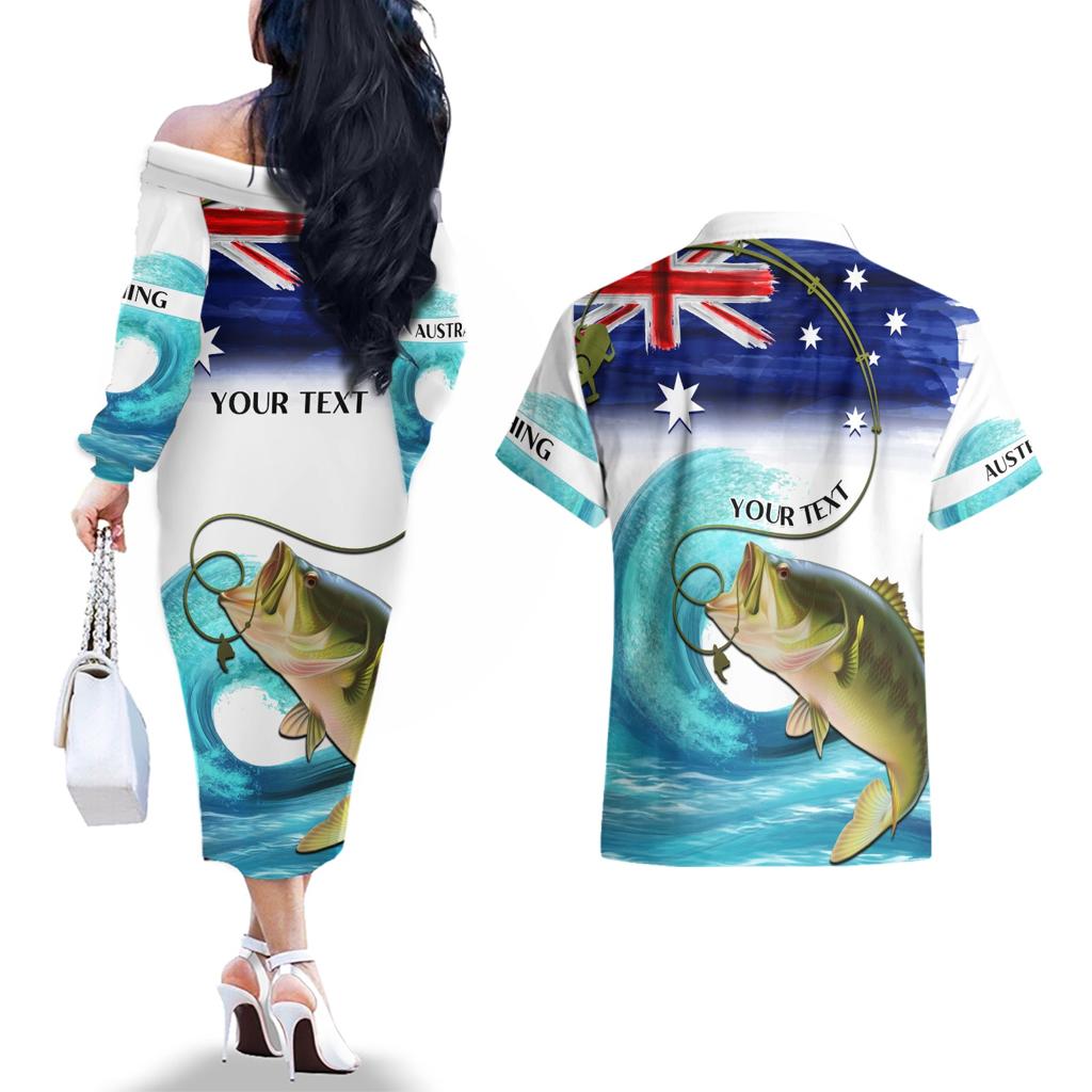 Personalised Australia Fishing Couples Matching Off The Shoulder Long Sleeve Dress and Hawaiian Shirt Barramundi With Ocean Waves Flag Grunge Style