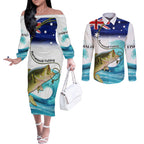 Personalised Australia Fishing Couples Matching Off The Shoulder Long Sleeve Dress and Long Sleeve Button Shirt Barramundi With Ocean Waves Flag Grunge Style