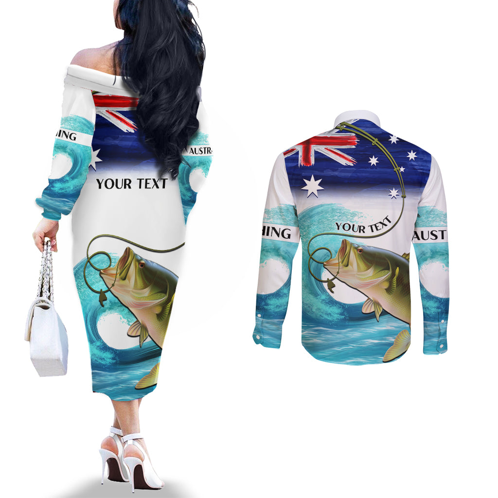 Personalised Australia Fishing Couples Matching Off The Shoulder Long Sleeve Dress and Long Sleeve Button Shirt Barramundi With Ocean Waves Flag Grunge Style