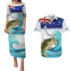 Personalised Australia Fishing Couples Matching Puletasi and Hawaiian Shirt Barramundi With Ocean Waves Flag Grunge Style