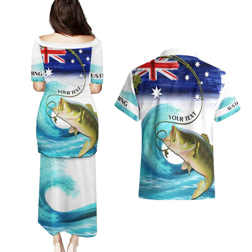 Personalised Australia Fishing Couples Matching Puletasi and Hawaiian Shirt Barramundi With Ocean Waves Flag Grunge Style