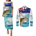 Personalised Australia Fishing Couples Matching Puletasi and Long Sleeve Button Shirt Barramundi With Ocean Waves Flag Grunge Style