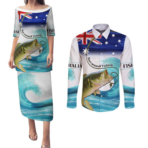 Personalised Australia Fishing Couples Matching Puletasi and Long Sleeve Button Shirt Barramundi With Ocean Waves Flag Grunge Style