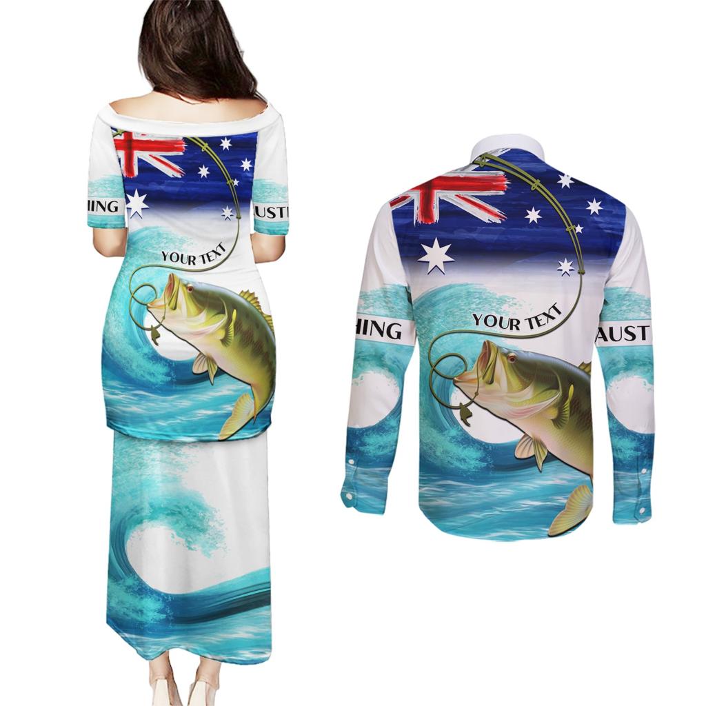 Personalised Australia Fishing Couples Matching Puletasi and Long Sleeve Button Shirt Barramundi With Ocean Waves Flag Grunge Style