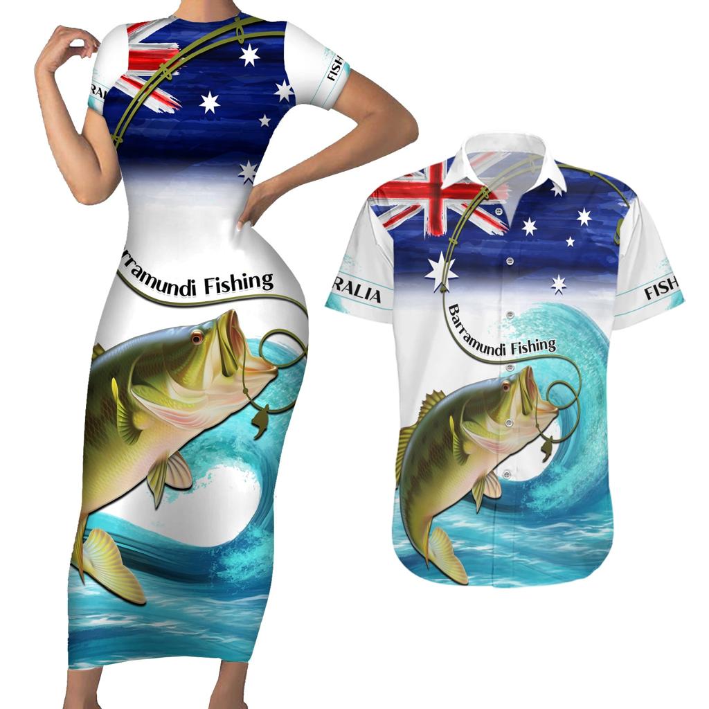 Personalised Australia Fishing Couples Matching Short Sleeve Bodycon Dress and Hawaiian Shirt Barramundi With Ocean Waves Flag Grunge Style