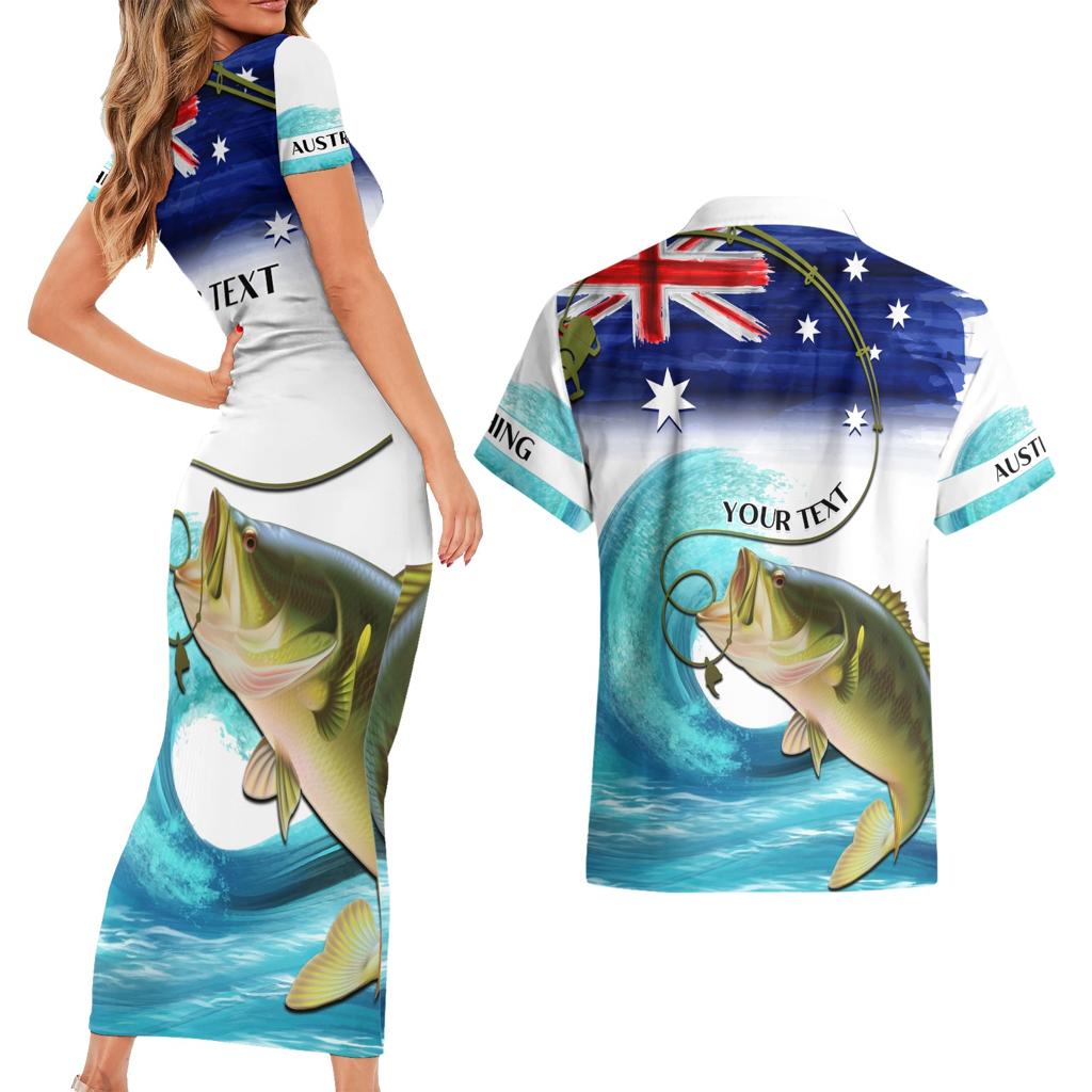 Personalised Australia Fishing Couples Matching Short Sleeve Bodycon Dress and Hawaiian Shirt Barramundi With Ocean Waves Flag Grunge Style