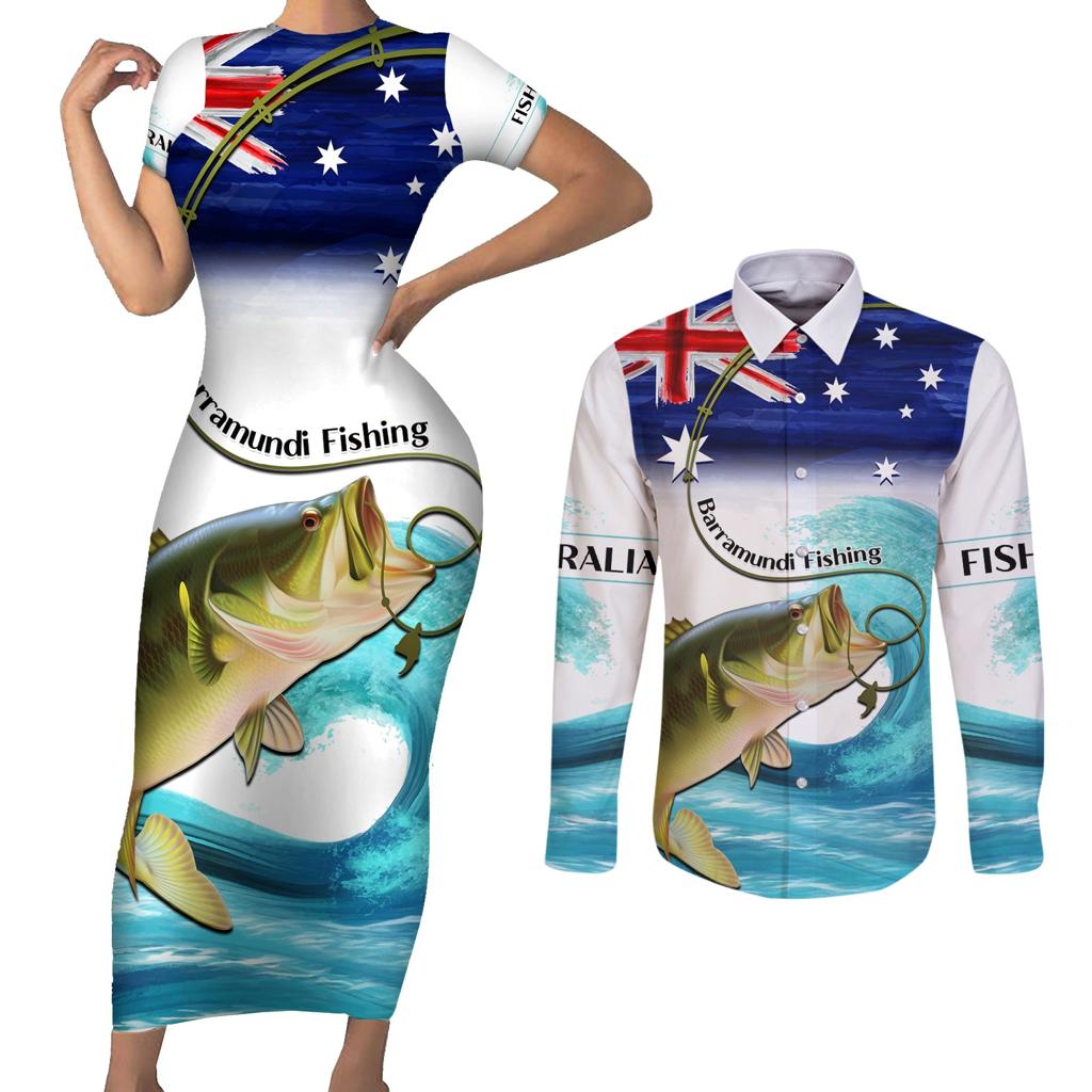 Personalised Australia Fishing Couples Matching Short Sleeve Bodycon Dress and Long Sleeve Button Shirt Barramundi With Ocean Waves Flag Grunge Style