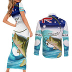 Personalised Australia Fishing Couples Matching Short Sleeve Bodycon Dress and Long Sleeve Button Shirt Barramundi With Ocean Waves Flag Grunge Style