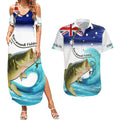 Personalised Australia Fishing Couples Matching Summer Maxi Dress and Hawaiian Shirt Barramundi With Ocean Waves Flag Grunge Style