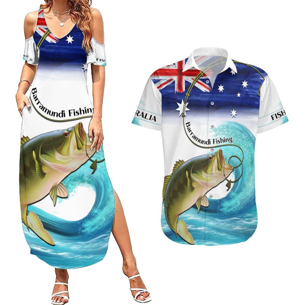 Personalised Australia Fishing Couples Matching Summer Maxi Dress and Hawaiian Shirt Barramundi With Ocean Waves Flag Grunge Style