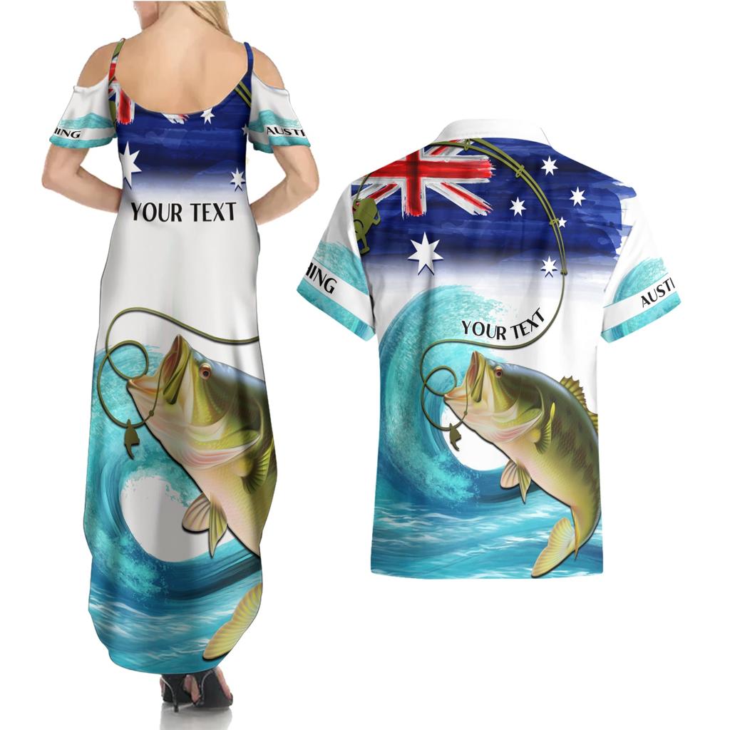 Personalised Australia Fishing Couples Matching Summer Maxi Dress and Hawaiian Shirt Barramundi With Ocean Waves Flag Grunge Style
