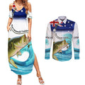 Personalised Australia Fishing Couples Matching Summer Maxi Dress and Long Sleeve Button Shirt Barramundi With Ocean Waves Flag Grunge Style